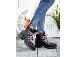 Krótkie Botki Damskie Sznurowane Ze Skóry Solid