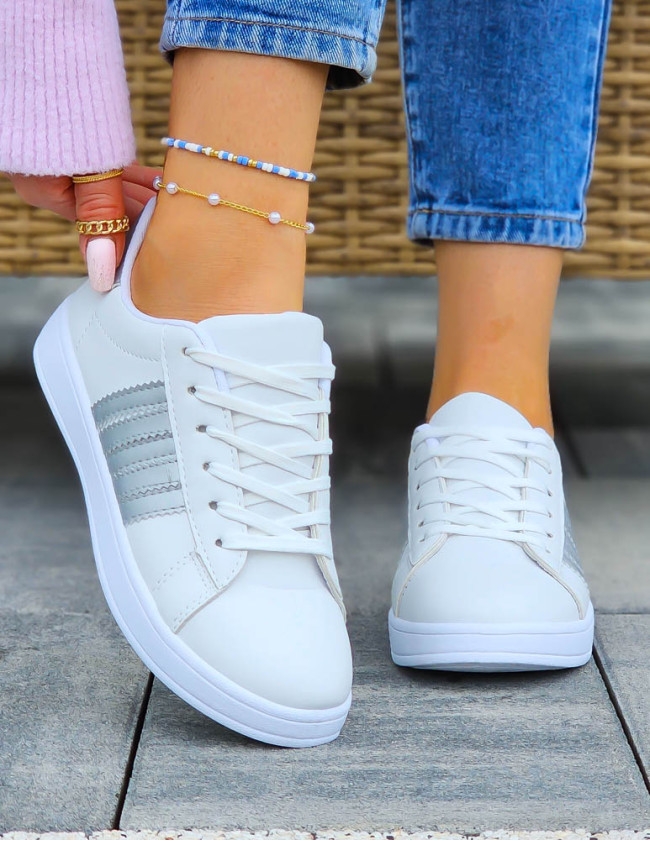 Białe Trampki Buty Sportowe Ze Skóry Adis Silver