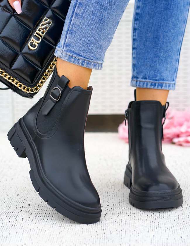 Skórzane Botki Damskie Na Grubej Podeszwie z Gumą Hugo