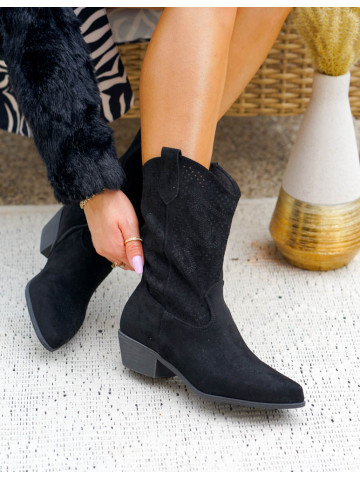 Krótkie Czarne Zamszowe Ażurowe Kozaki Kowbojki Autumn Krótkie Czarne Zamszowe Ażurowe Kozaki Kowbojki Autumn