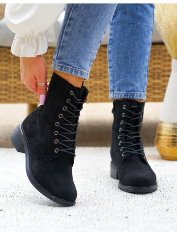 Czarne Zamszowe Sznurowane Botki Oficerki Madera Czarne Zamszowe Sznurowane Botki Oficerki Madera