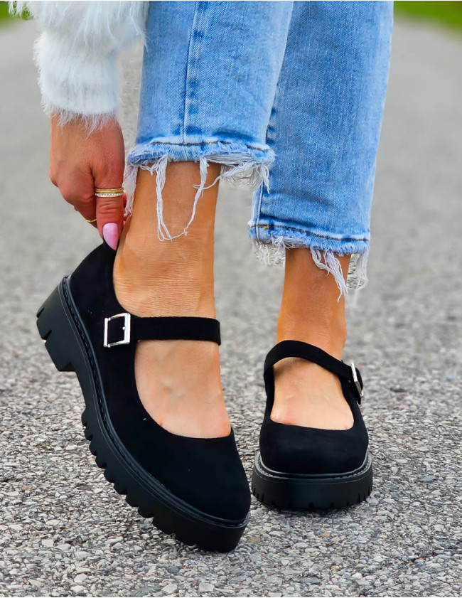 Czarne Zamszowe Półbuty  Mokasyny z Paskiem MaryJane