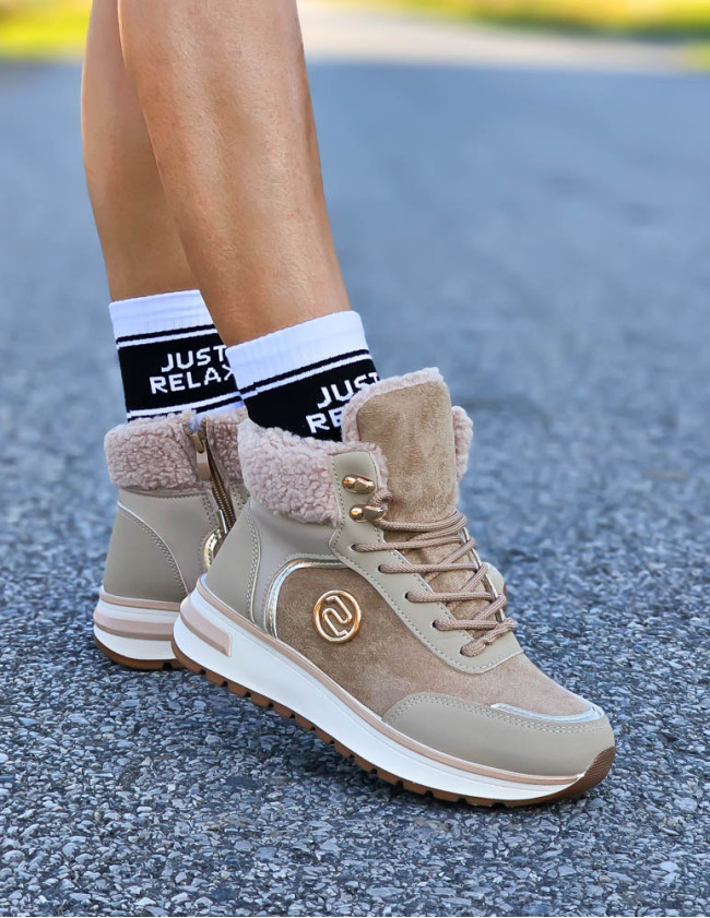 Sportowe Buty Zimowe Trapery Ocieplane Botki Suzzy Beżowe