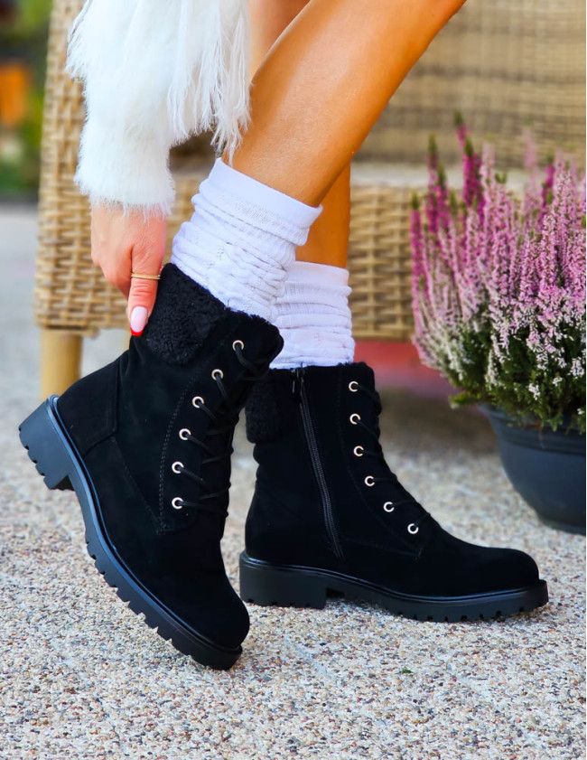 Czarne Trapery Damskie Botki z Kożuszkiem Marsil