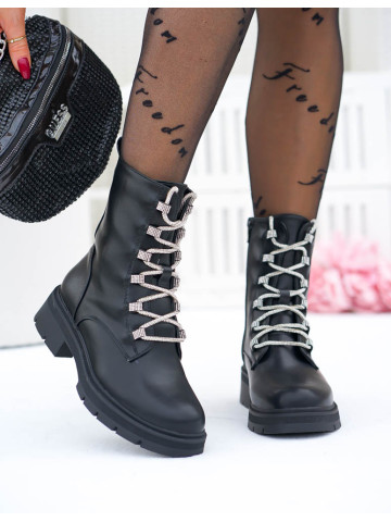 Czarne Skórzane Botki Glany Shine Ocieplane Czarne Skórzane Botki Glany Shine Ocieplane