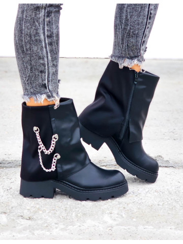 Czarne Skórzane Botki z Wywiniętą Cholewką Biker Czarne Skórzane Botki z Wywiniętą Cholewką Biker