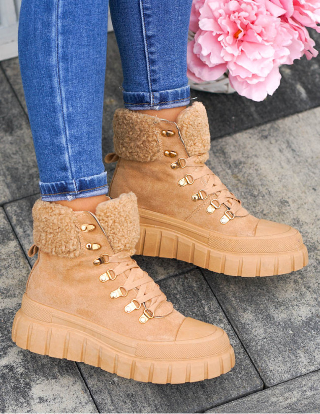 Botki Trapery Na Grubej Podeszwie Sznurowane Camel