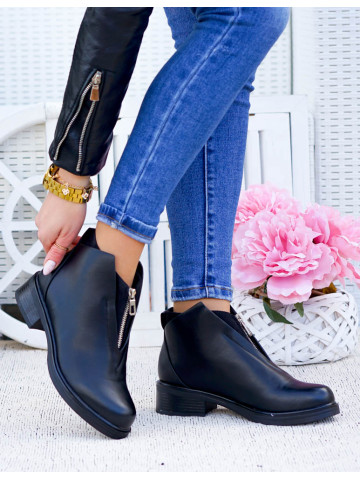 Eleganckie Krótkie Czarne Skórzane Botki Z Suwakiem