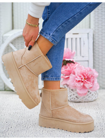 Beżowe Botki Śniegowce Na Platformie Ocieplane Saszki