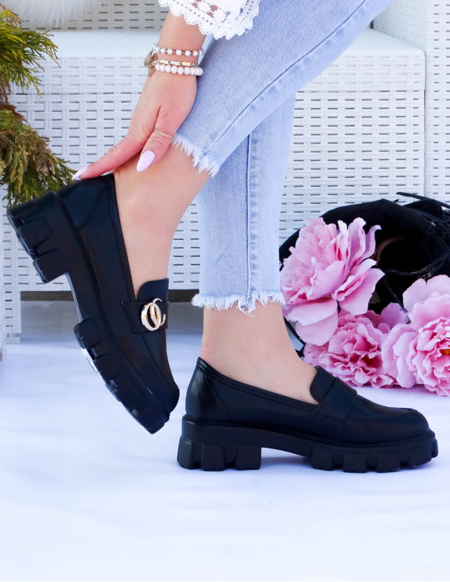 Czarne Mokasyny Półbuty Na Grubej Podeszwie Hermes