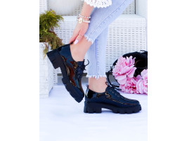 Czarne Lakierowane Mokasyny Półbuty Sznurowane