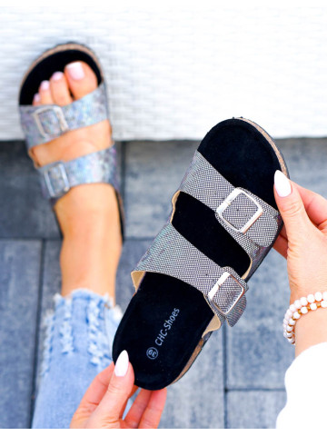 Eleganckie Błyszczące Czarne Klapki Damskie Na Paski 