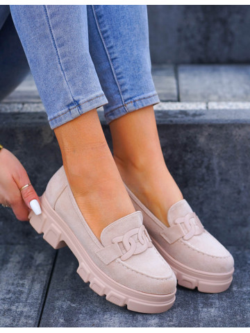 Beżowe Zamszowe  Mokasyny Na Grubej Podeszwie Fox