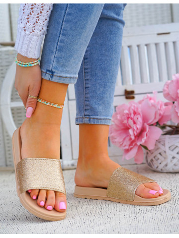 Lekkie Piankowe Klapki Damskie Brokatowe Złote Lekkie Piankowe Klapki Damskie Brokatowe Złote