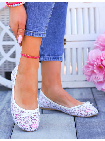 Białe Koronkowe Tenisówki Baleriny Siateczka