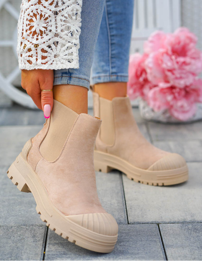 Beżowe Zamszowe Botki Z Gumami Na Platformie Sahare Beżowe Zamszowe Botki Z Gumami Na Platformie Sahare