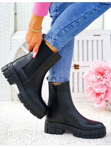 Czarne Botki Damskie Na Grubej Podeszwie Z Gumą Czarne Botki Damskie Na Grubej Podeszwie Z Gumą