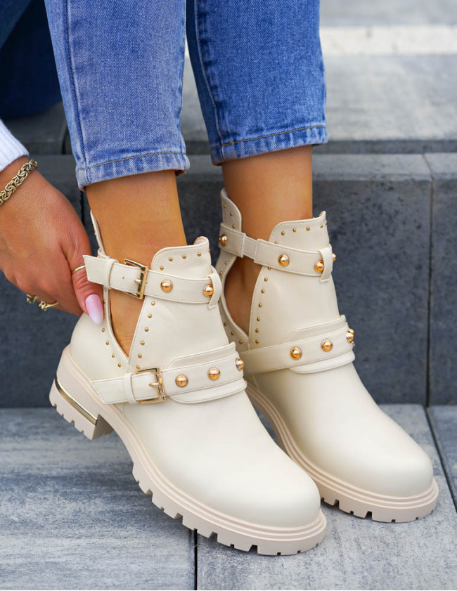 Beżowe Botki Damskie Ze Skóry Z Wycięciem Jannet