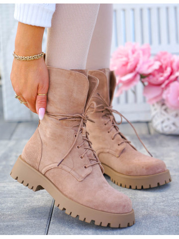 Beżowe Glany Botki Zamszowe Sznurowane Nude Beżowe Glany Botki Zamszowe Sznurowane Nude