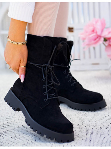 Czarne Glany Botki Zamszowe Sznurowane Czarne Glany Botki Zamszowe Sznurowane