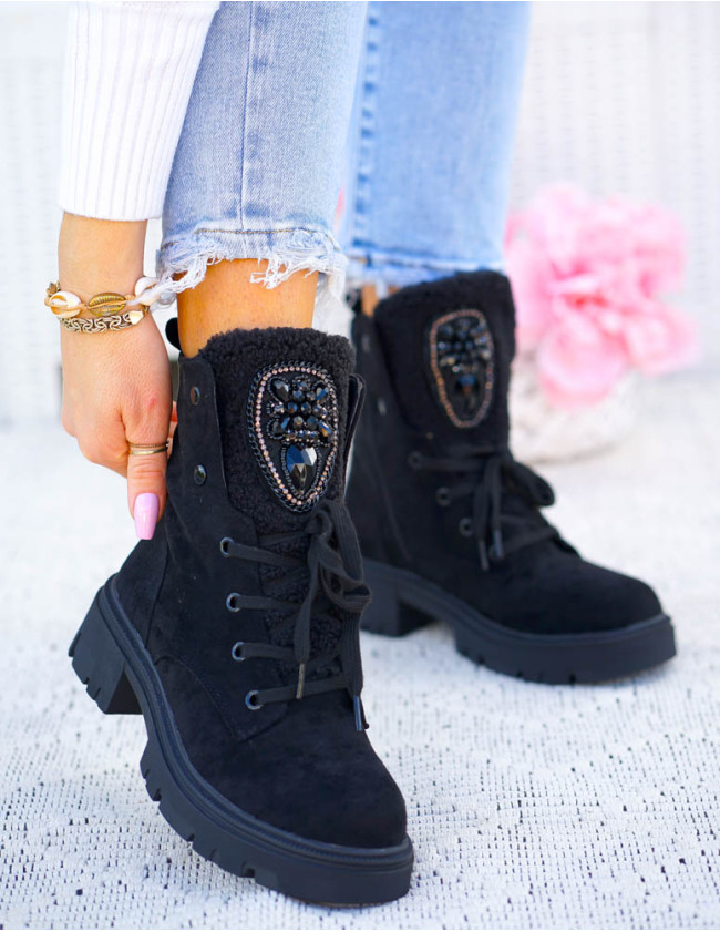 Zamszowe Ciepłe Botki Z Ozdobą Lovet Czarne