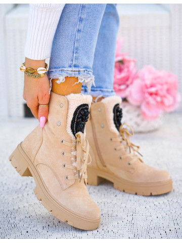 Zamszowe Ciepłe Botki Z Ozdobą Lovet Beżowe