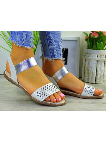 Perłowo-Srebne Sandały Z Gumką Ażur